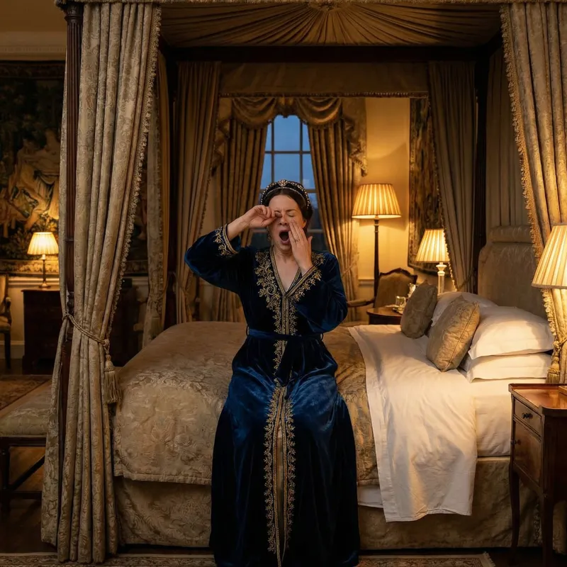 Regal Monarch Yawning: Elegant Bedtime Yawn in Royal Bedroom Regal Monarch Yawning: Elegant Bedtime Yawn in Royal Bedroom