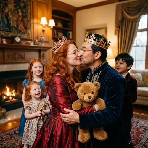 Middle-Aged King and Queen Kiss at Home with Children - Royal Encounter