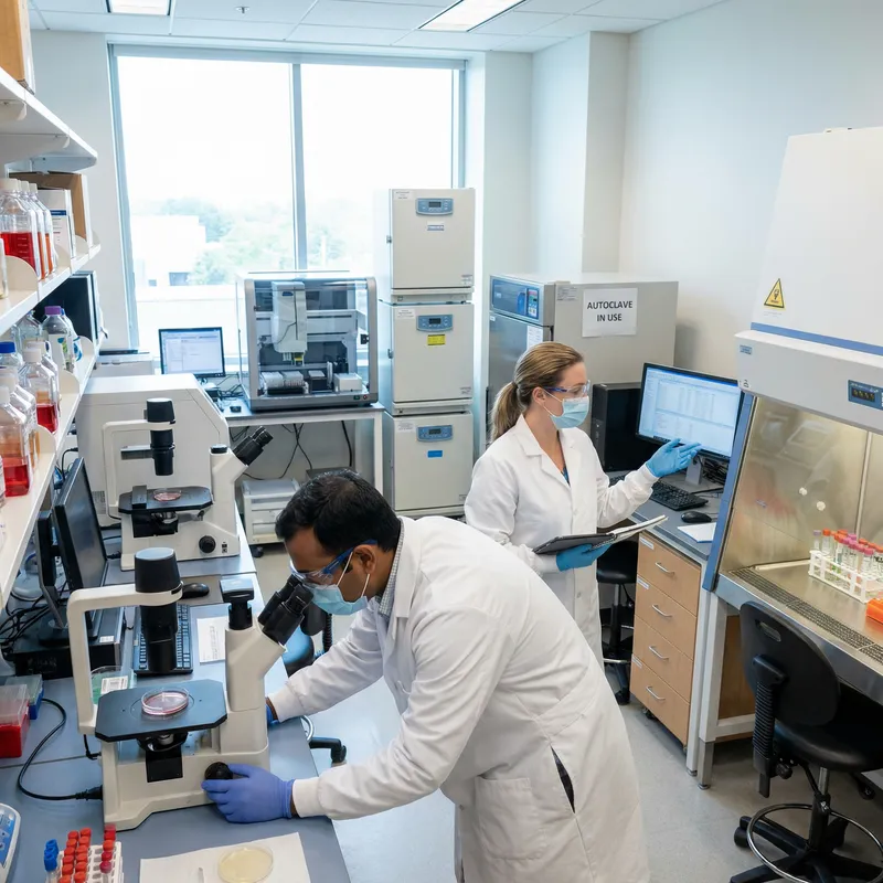 Modern Microbiology Laboratory with Scientists Conducting Detailed Research Modern Microbiology Laboratory with Scientists Conducting Detailed Research