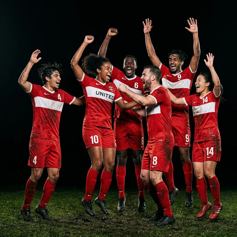 Energetic Football Players Celebrating Goal in Red Jerseys
