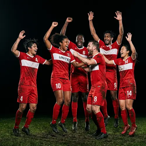 Diverse Football Players Celebrating Goal in Red Jerseys