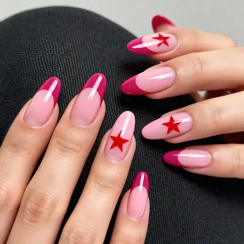 Stylish Pink Almond Shaped Nails with Red Star Design