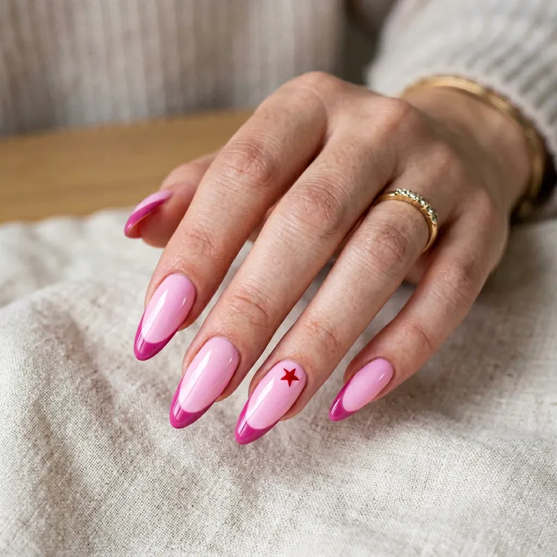 Stylish Pink Almond Shaped Nails with Red Star Design Stylish Pink Almond Shaped Nails with Red Star Design