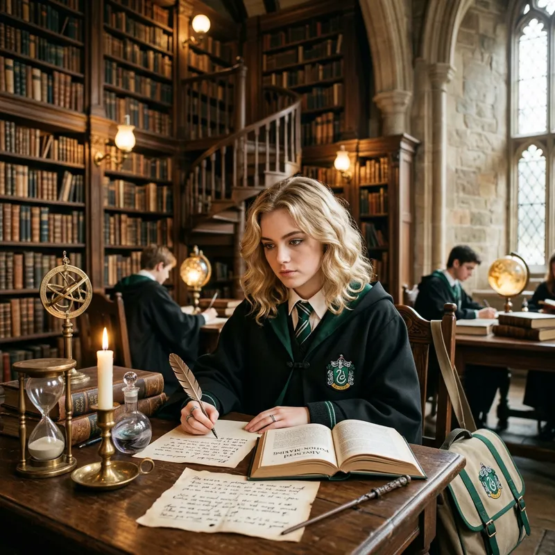 Blond Slytherin Girl with Blue Eyes in Castle Library