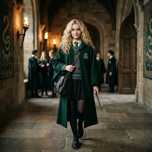 Slytherin Fifth Year with Wavy Blonde Hair and Grayish-Blue Eyes
