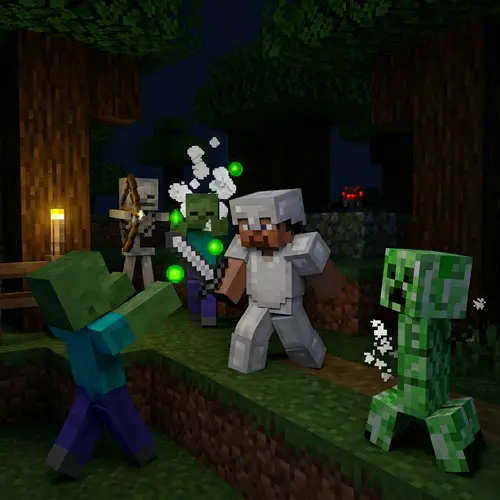 Minecraft Character Battles Mobs in Intense Fight