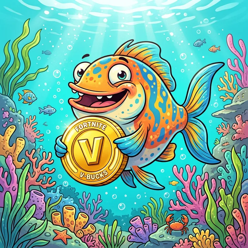 Cartoonish Fortnite Fish Holding V-Bucks Coin