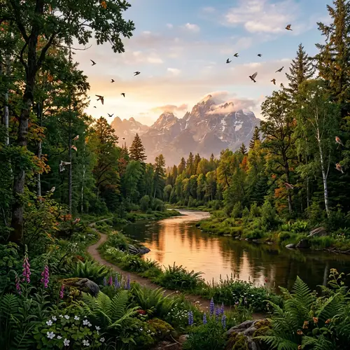 Genuine Nature Scenery: Tranquil Forest, River, Birds & Mountains