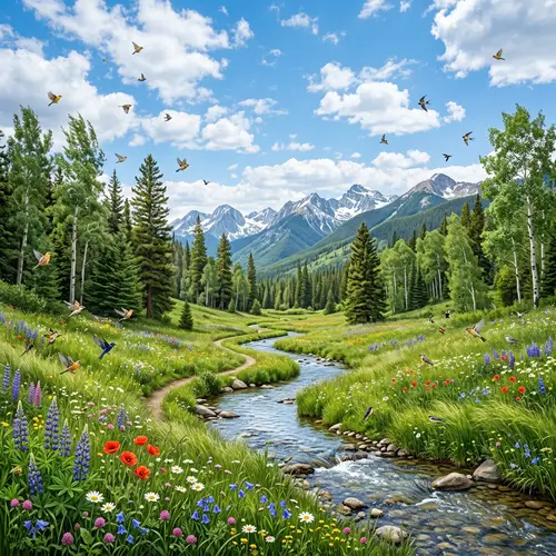 Tranquil Nature Scene: Majestic Trees, Meadow, Brook & Birds