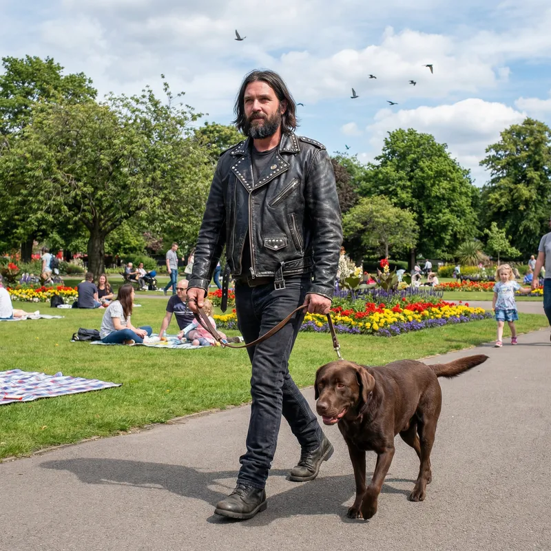 Rocking the Park: Man with Labrador Dog