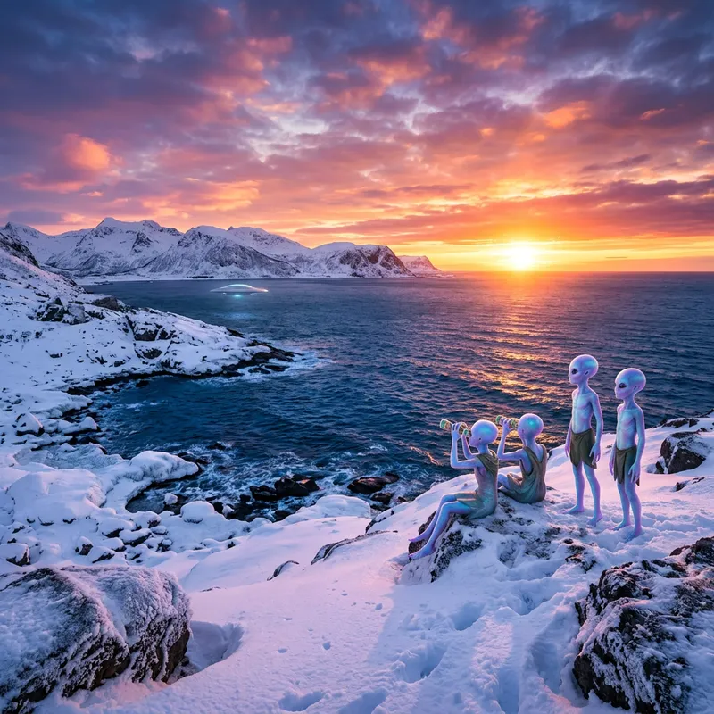 Breathtaking Snowy Sunset with Sea and Aliens