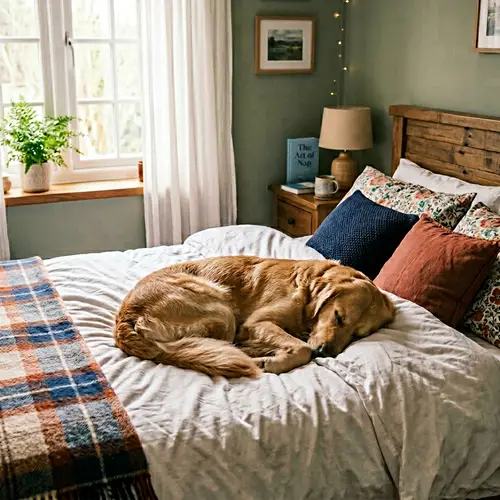 Peaceful Golden Retriever Dog Sleeping on Bed in Cozy Room