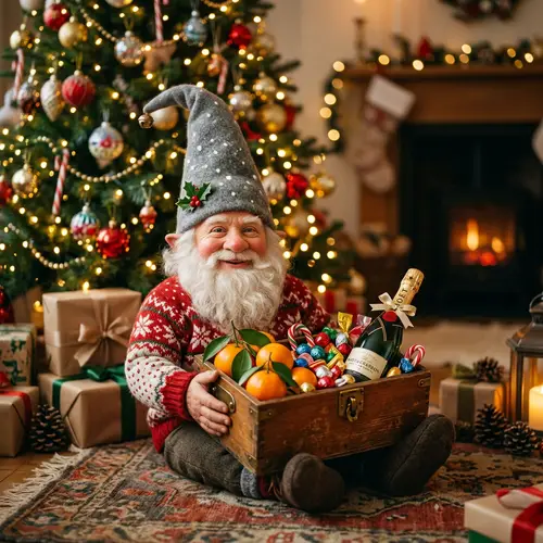Festive Gnome with Christmas Tree and Vintage Box | New Year Celebration