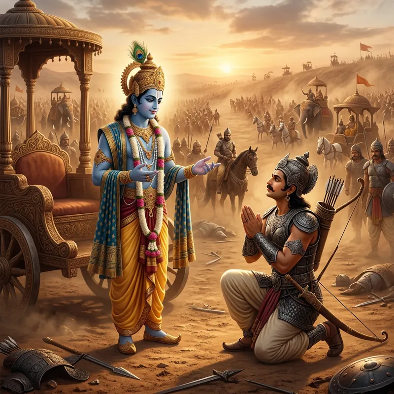 Divine Teaching: Lord Krishna Instructs Arjuna in Battle