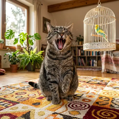 Tabby Cat Yawning on Colorful Rug - Whimsical Scene Captured