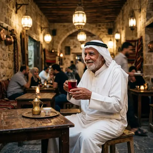 Authentic Arabic Coffee Shop: Senior Man Enjoying Ruby Red Tea