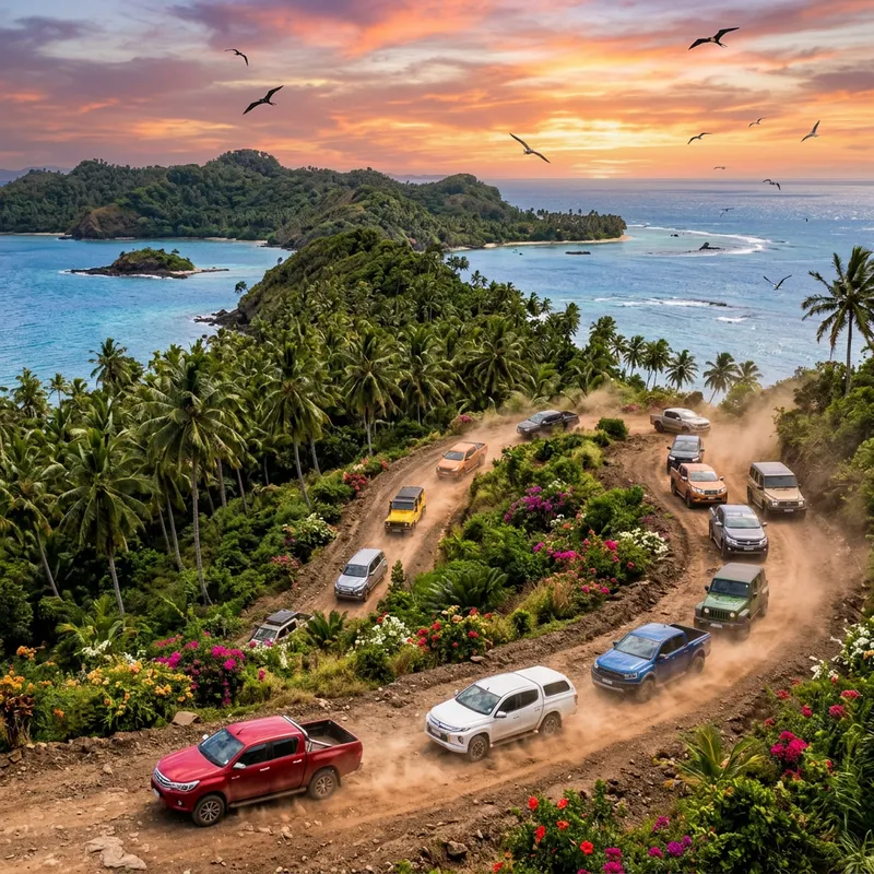 Colorful Pickup Trucks & SUVs Explore Scenic Island