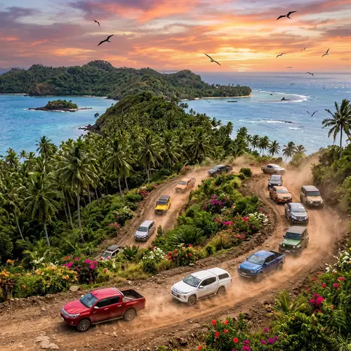 Vibrant Pickup Trucks & SUVs Cross Island | Tropical Adventure