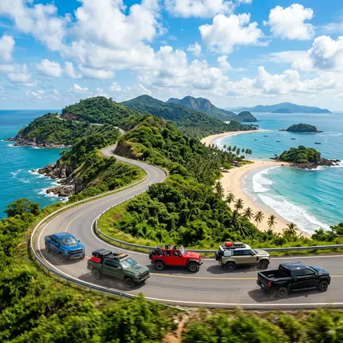 Pickups and SUVs Crossing Beautiful Island | YouTube Background