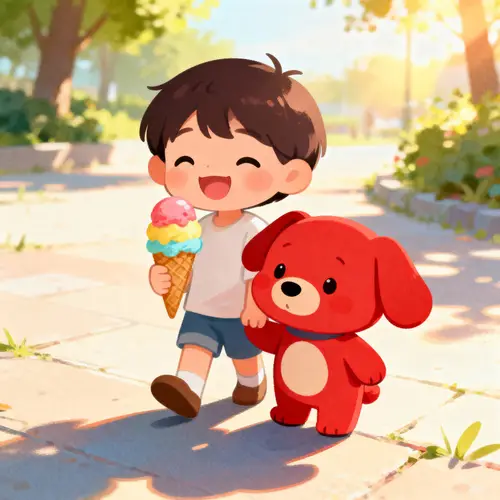 Happy Boy with Ice Cream Cone in Red Beast Costume