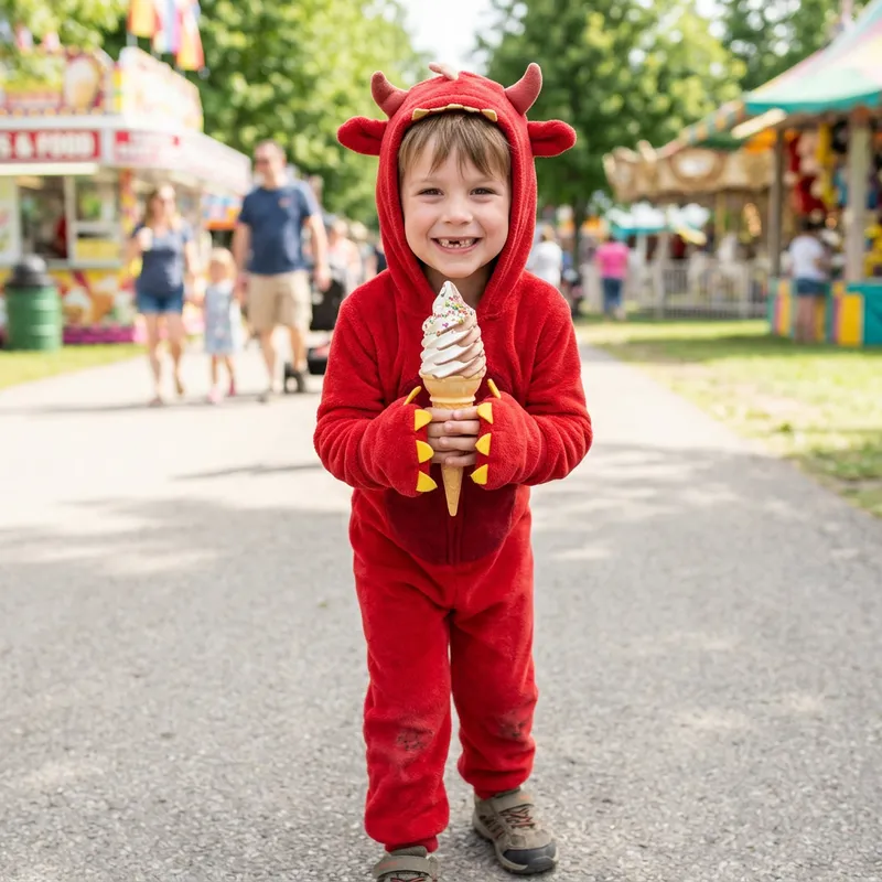 Happy Boy with Ice Cream Cone in Red Beast Costume Happy Boy with Ice Cream Cone in Red Beast Costume