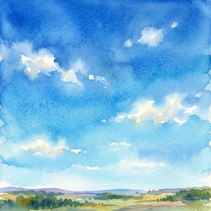Clear Blue Sky Watercolor Painting with White Cloud Patches