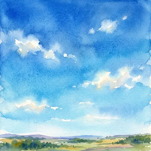 Serene Watercolor Sky with White Cloud Patches