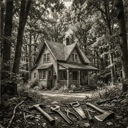 Vintage Two-Story Forest House with Tools