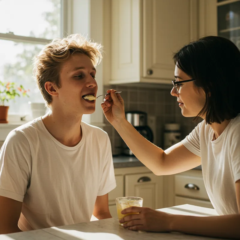 Man Fed Pudding by Woman in Kitchen