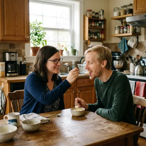 Man Fed Pudding by Woman in Kitchen
