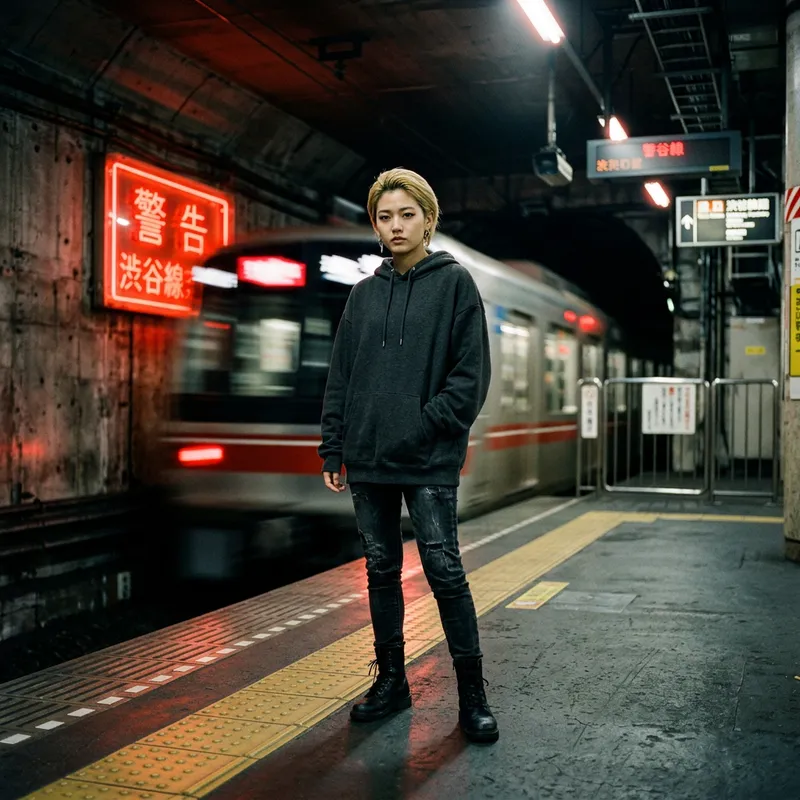 Young Asian Woman Model in Dark Subway Station | Serious Pose