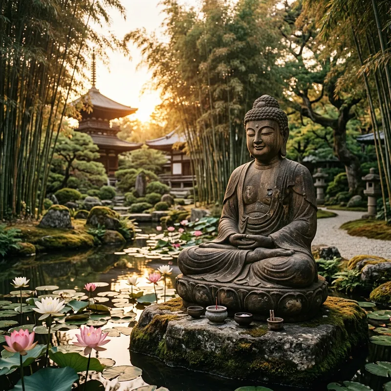 Tranquil Stone Buddha Statue in Zen Garden