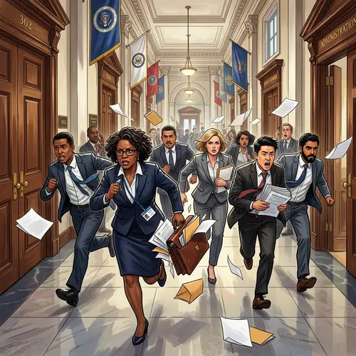 Diverse Government Representatives in a Hurry at Grand Building