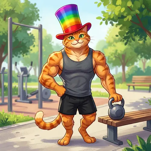 Muscular Orange Cat in Rainbow Top Hat