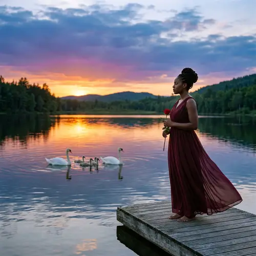 Tranquil Dusk Scene by the Lake with Elegant Black Woman and Swans
