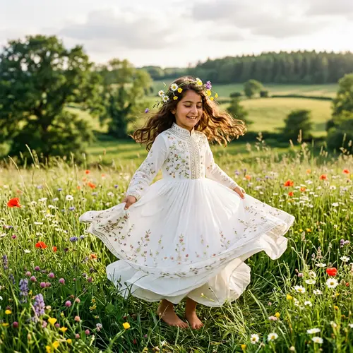 Charming Young Girl in Embroidered White Dress | Green Meadow