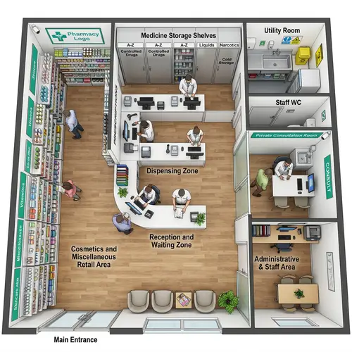 Efficient Pharmacy Layout: 50 Sqm Floor Plan & Safety Measures