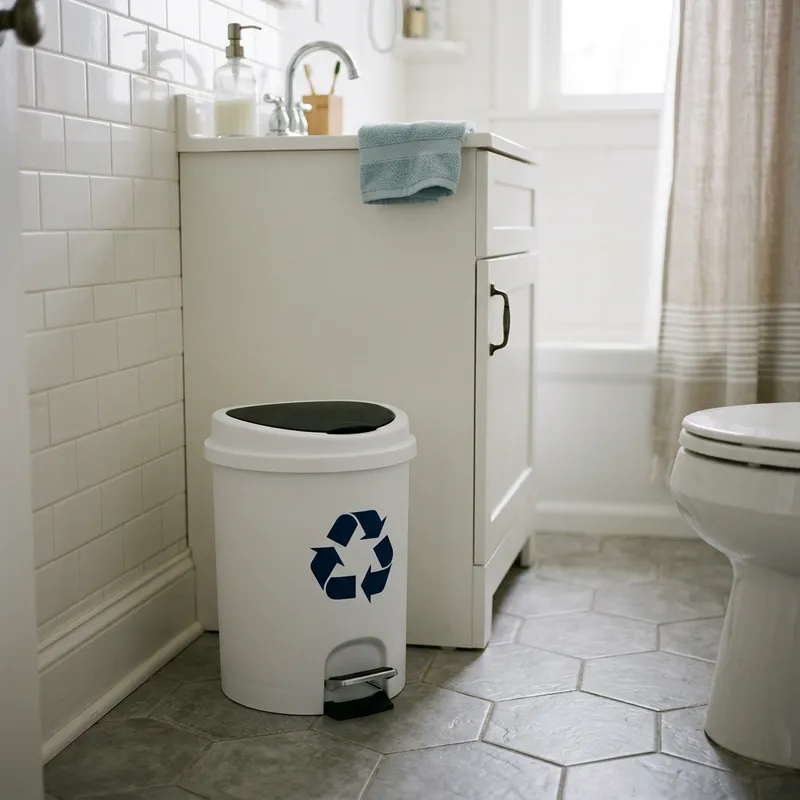 Small Bathroom Trash Can with Recycling Symbol Small Bathroom Trash Can with Recycling Symbol