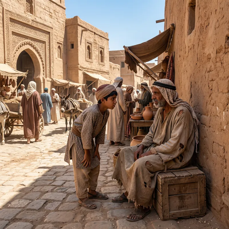 Young Boy in Ancient Arabian City Talking to Sick Man
