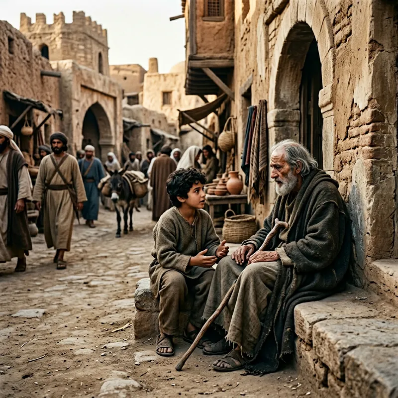 Young Boy Talking to Sick Man in Ancient City Young Boy Talking to Sick Man in Ancient City