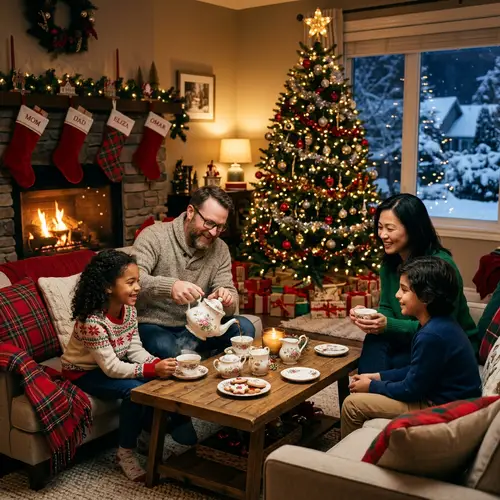 Traditional Christmas Family Tea Ritual in Cozy Room