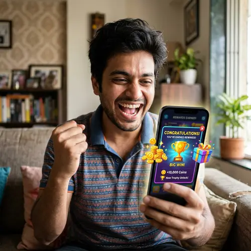 Excited Indian Man Earns Rewards with Mobile Phone