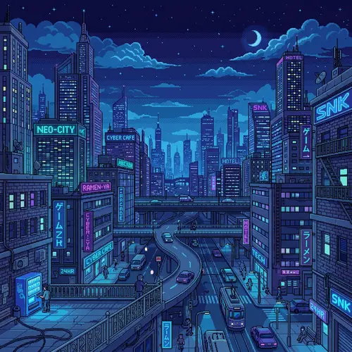 Cool Tone Pixel Art Cityscape Background