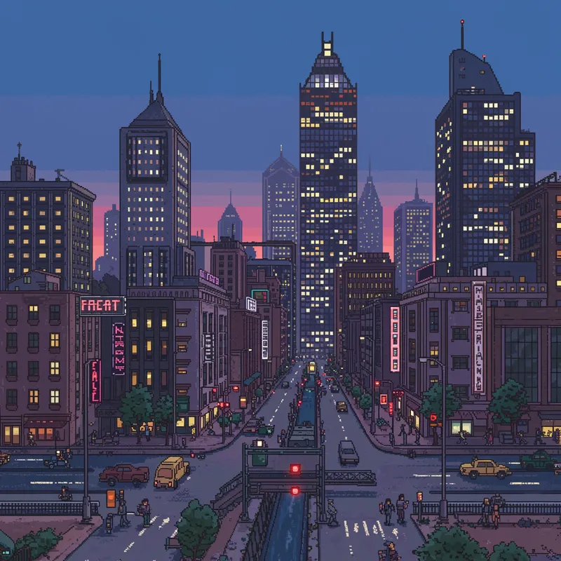 Cool Tone Pixel Art Cityscape Background