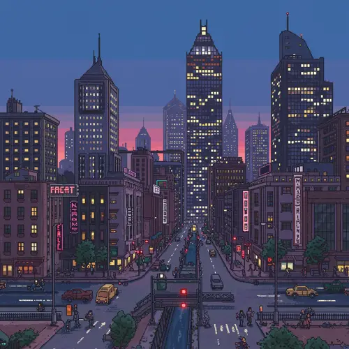 Cool Tone Pixel Art Cityscape Background