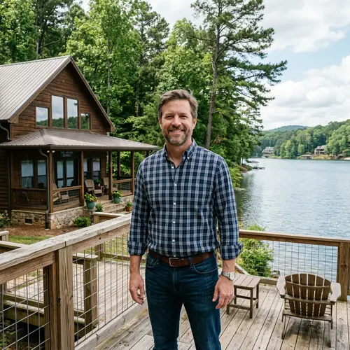 Stylish Man at Lake House in His 40s