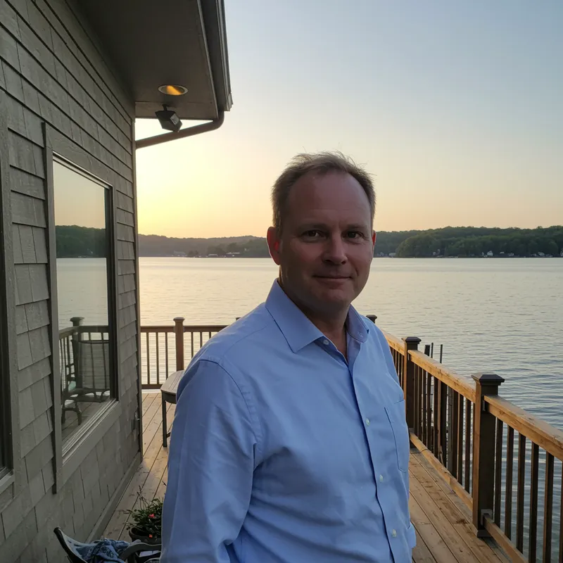 Stylish Man at Lake House in His 40s