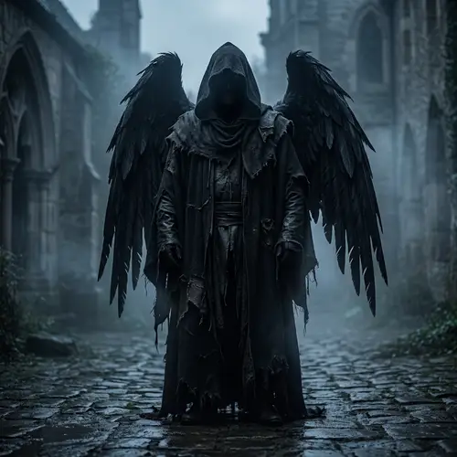 Hyper-Realistic Tall Figure in Tattered Black Cloak with Black Wings - 8K Resolution