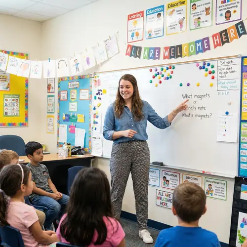 Inspiring Young Female Teacher in a Vibrant Classroom