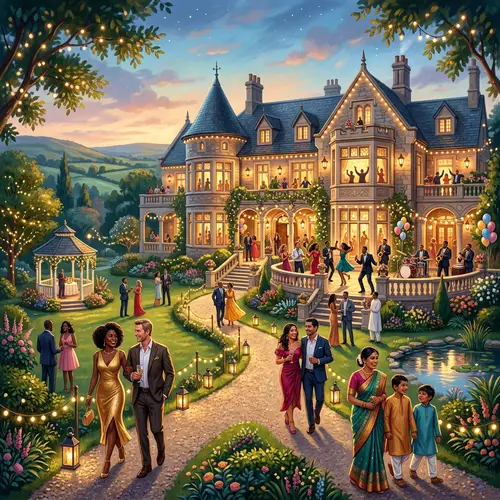 Luxurious Hotel Party in Lush Green Landscape | Multicultural Celebration